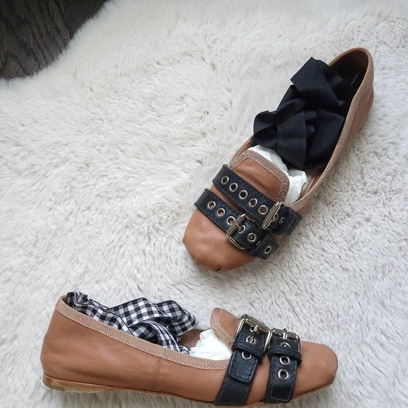 Miu Miu Balletcore Tie Up Belted Leather Ballerina Flats - Picture 10 of 15